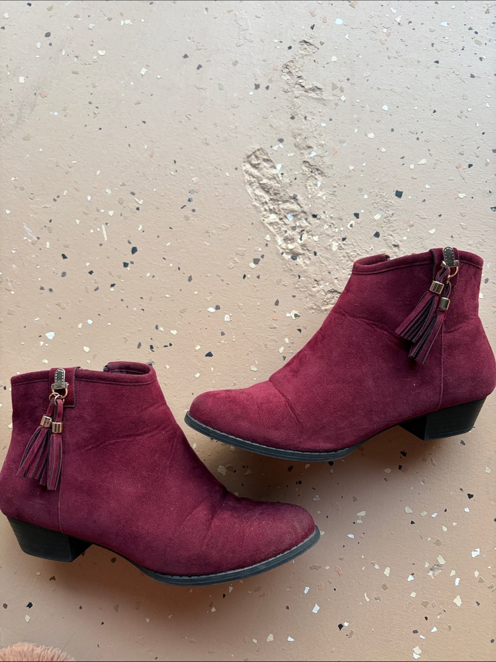 Women's Burgundy Suede Ankle Boots with Tassel Detail